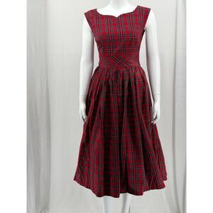 ModCloth Dress Womens Small Red Tartan Plaid Fit & Flare Midi Sleeveless Retro